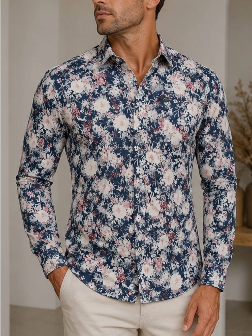 LRG Navy Floral Long-Sleeve Button-Up Shirt